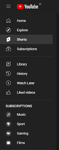 YouTube app displaying the shorts icon on the menu panel located to the left top corner of your screen